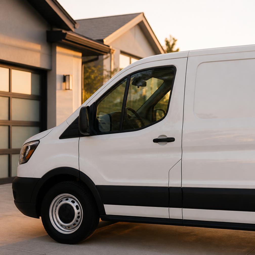 A white service van parked in a residential driveway at golden hour